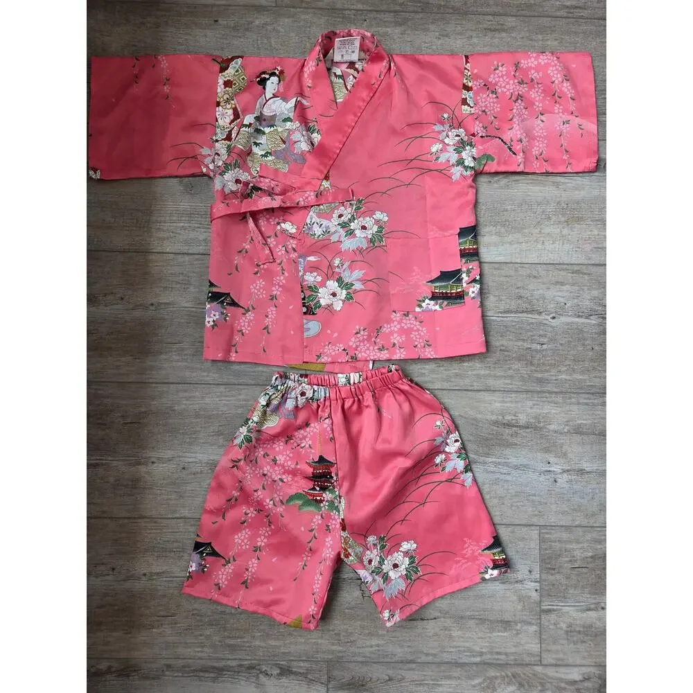 Kids Pink Kimono Yukata Set‎ Made in Japan Geisha Pagoda Fits 18M-2T
